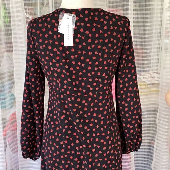 NWT TOPSHOP Ditzy Rose Button Front Midi Prairie Dress Women’s 8 Black Red - Picture 10 of 13